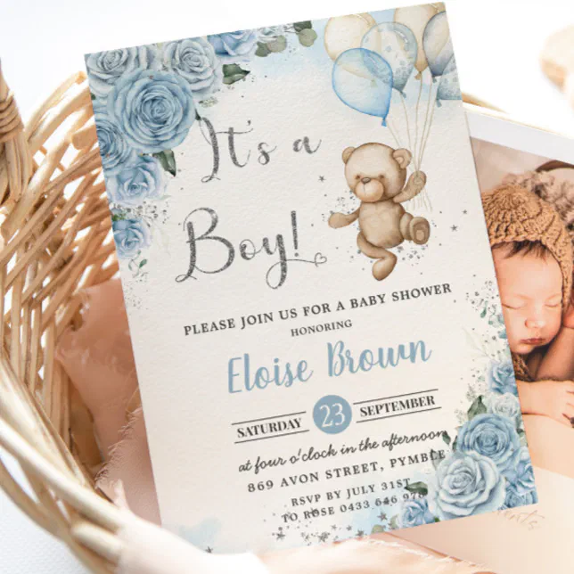 Teddy Bear Balloons Baby Blue Floral Boy Shower Invitation | Zazzle
