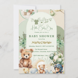 Teddy Bear & Balloons Baby Boy Shower Invitation