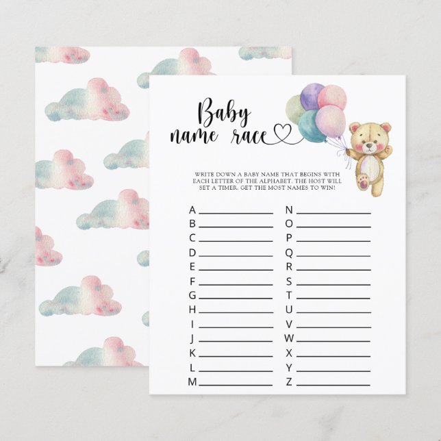 Teddy bear balloons - Baby name race game (Front/Back)