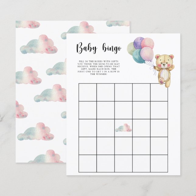 Teddy bear balloons - Baby shower bingo game (Front/Back)