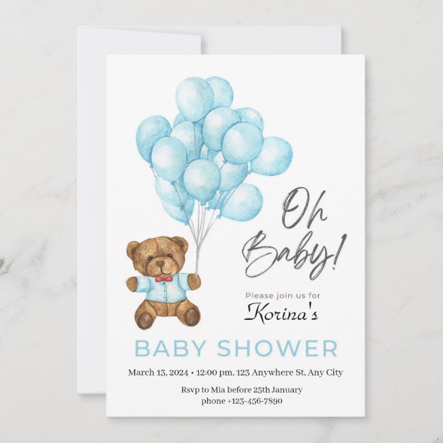 Teddy Bear Balloons Baby Shower Invitation (Front)