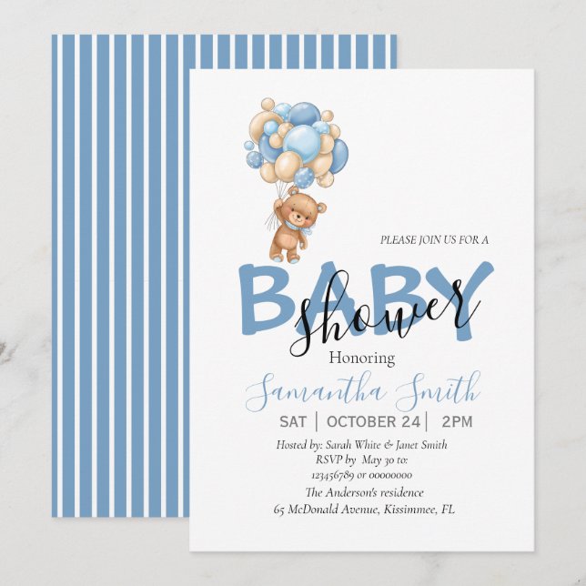 Teddy Bear Balloons Baby Shower Invitation (Front/Back)