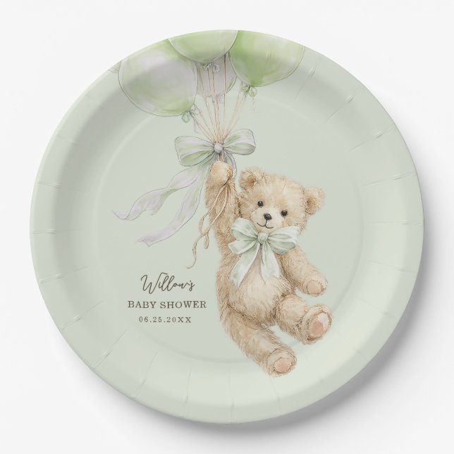 Teddy Bear Balloons Baby Shower Paper Plates (Front)