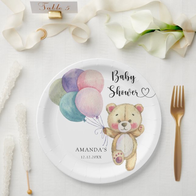 Teddy bear balloons - Baby Shower Paper Plates (Wedding)