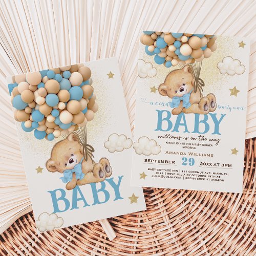 Teddy Bear Balloons Bearly Wait Baby Boy Shower  Invitation