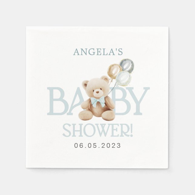 Teddy Bear Balloons Bearly Wait Baby Shower Napkins (Front)