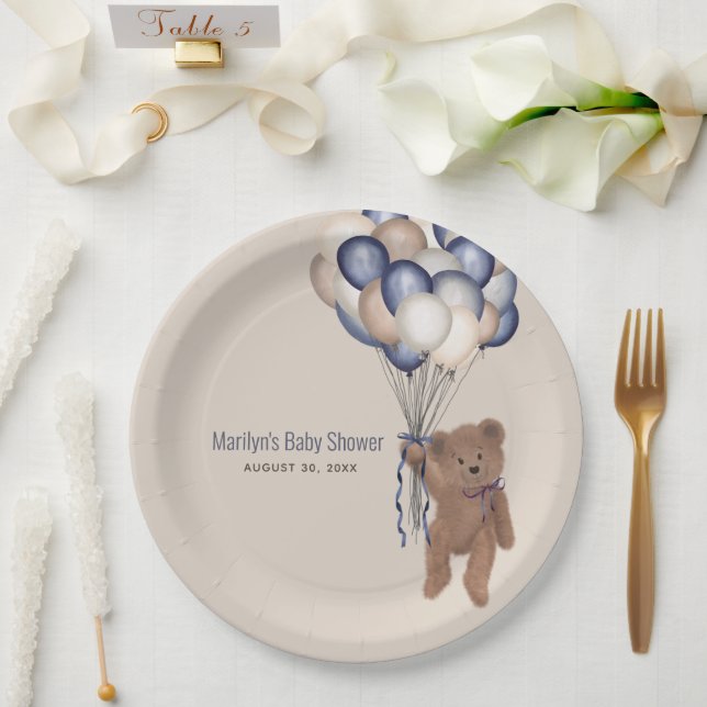 Teddy Bear & Balloons Bearly Wait Blue Baby Shower Paper Plates (Wedding)