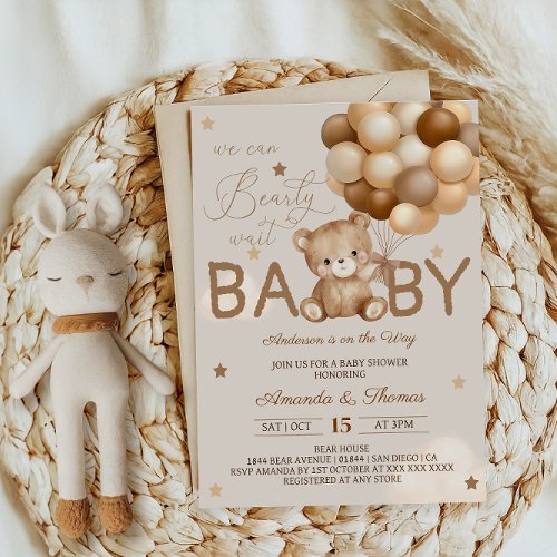 Teddy Bear Balloons Bearly Wait Boho Baby Shower Invitation