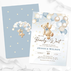 Teddy Bear Balloons Bearly Wait Boy Baby Shower Invitation