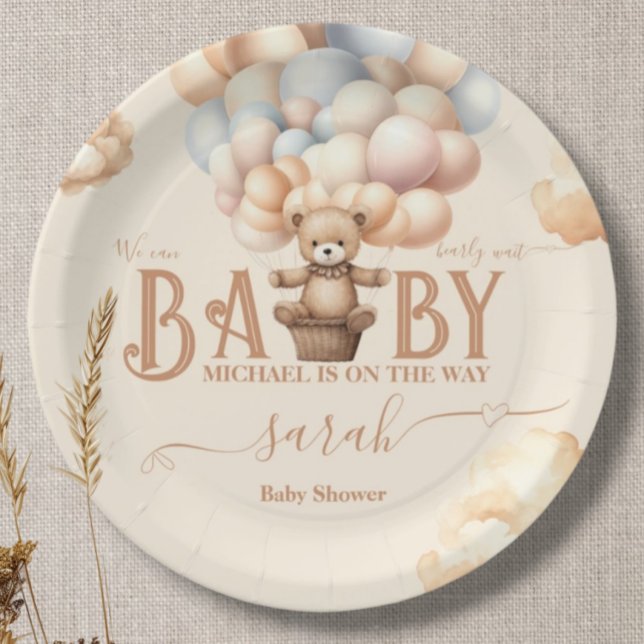 Teddy Bear Balloons Bearly Wait Gender Neutral Paper Plates (Creator Uploaded)