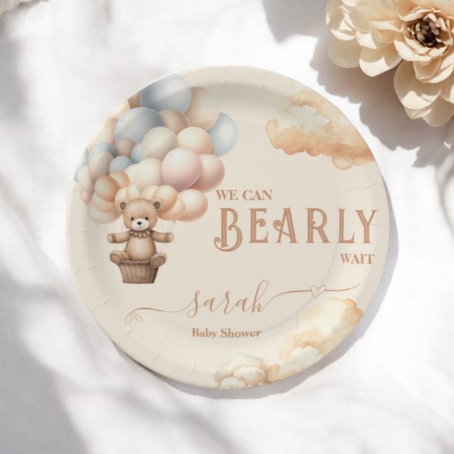 Teddy Bear Balloons Bearly Wait Gender Neutral Paper Plates (Creator Uploaded)