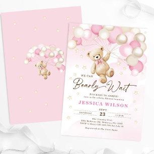 Teddy Bear Balloons Bearly Wait Girl Baby Shower Invitation