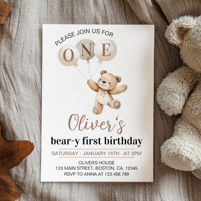 Teddy Bear Balloons Beary First Birthday Invitation (Creator Uploaded)