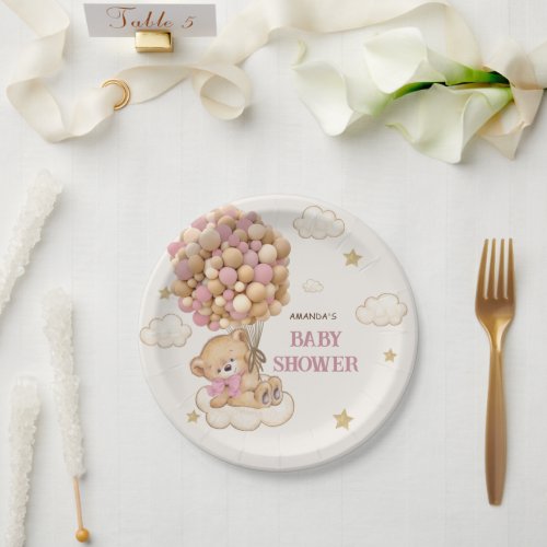 Teddy Bear balloons Beige Pink  Baby Shower Paper Plates
