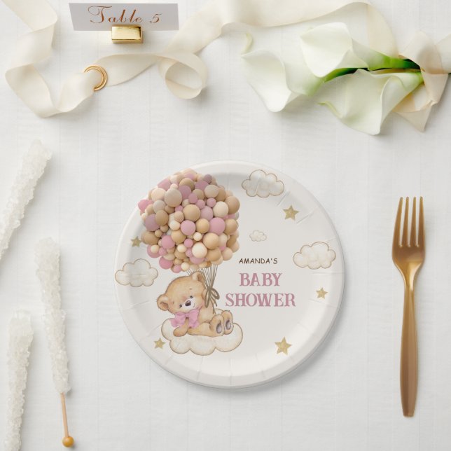 Teddy Bear balloons Beige Pink  Baby Shower Paper Plates (Wedding)