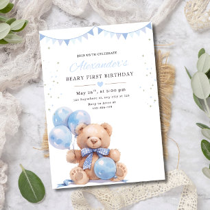 Teddy Bear Balloons Birthday Invite, Beary First Invitation
