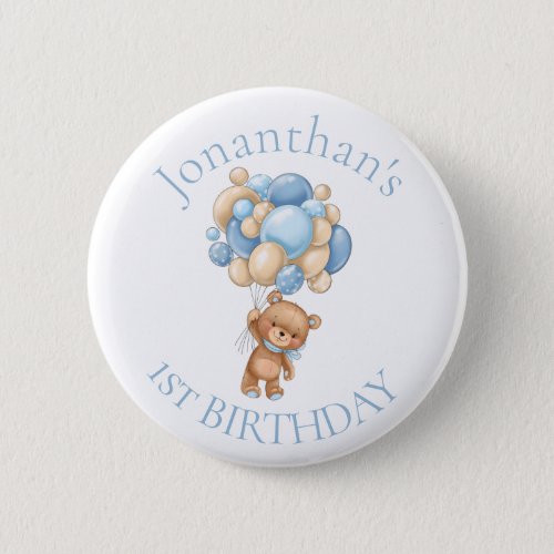 Teddy Bear  Balloons Blue 1st Birthday  Button