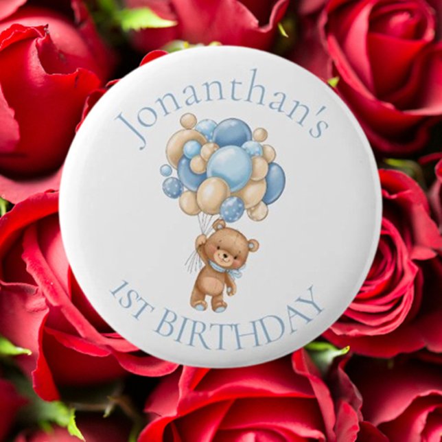Teddy Bear  Balloons Blue 1st Birthday  Button (Celebrate your baby's first birthday with an adorable blue teddy bear balloons button)