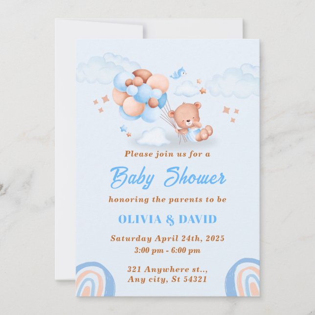 Teddy Bear ,Balloons Blue And Brown Baby Shower Invitation (Front)