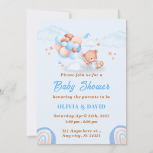 Teddy Bear ,Balloons Blue And Brown Baby Shower Invitation