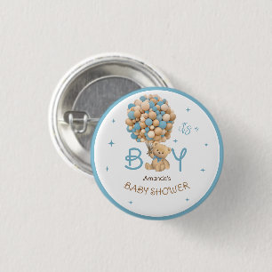 Teddy Bear Balloons Blue Baby Boy Shower Favor Button