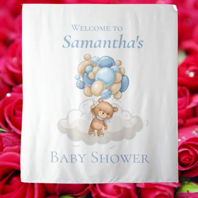 Teddy Bear  Balloons Blue Baby Shower backdrop (Decorating with a teddy bear backdrop opens up so many fun possibilities!)