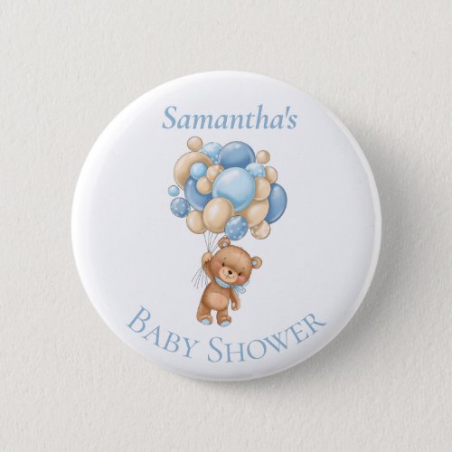 Teddy Bear  Balloons Blue Baby Shower  Button