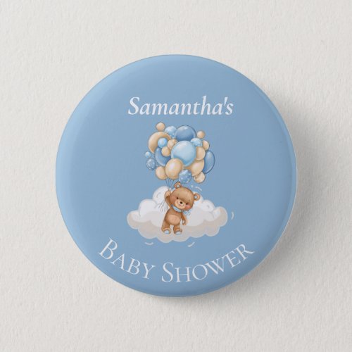 Teddy Bear  Balloons Blue Baby Shower  Button