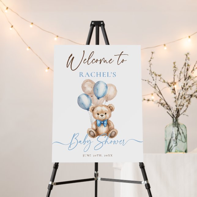 Teddy Bear Balloons Blue Baby Shower Welcome Sign (In Situ (Stand))