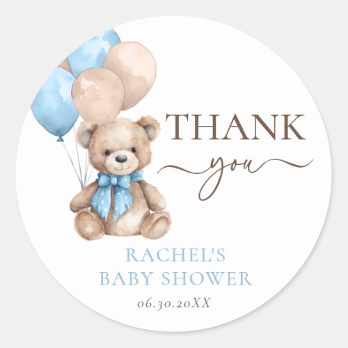 Teddy Bear Balloons  Blue Boy Baby Shower Classic Round Sticker