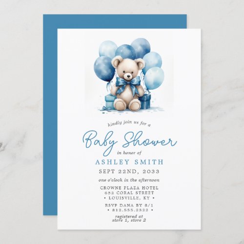 Teddy Bear Balloons Blue Boy Baby Shower Invitation