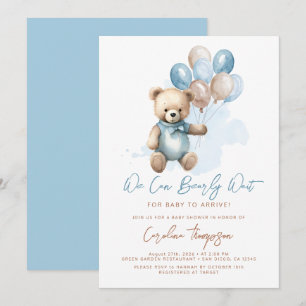 Teddy Bear Balloons Blue Boy Baby Shower  Invitation