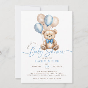 Teddy Bear Balloons Blue Boy Baby Shower Invitation