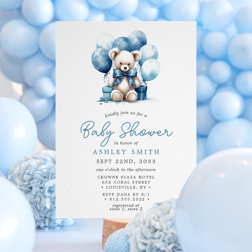 Teddy Bear Balloons Blue Boy Baby Shower Invitation