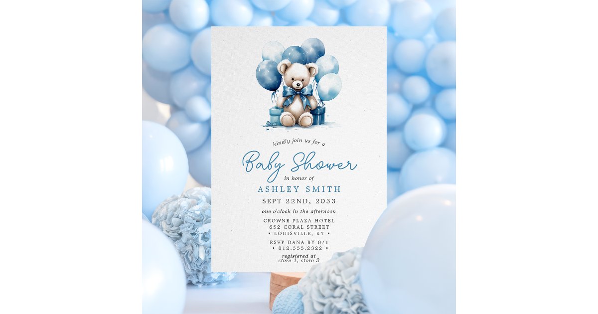 Teddy Bear Balloons Blue Boy Baby Shower Invitation | Zazzle