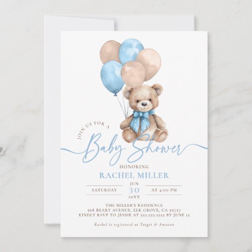 Teddy Bear Balloons Blue Boy Baby Shower Invitation