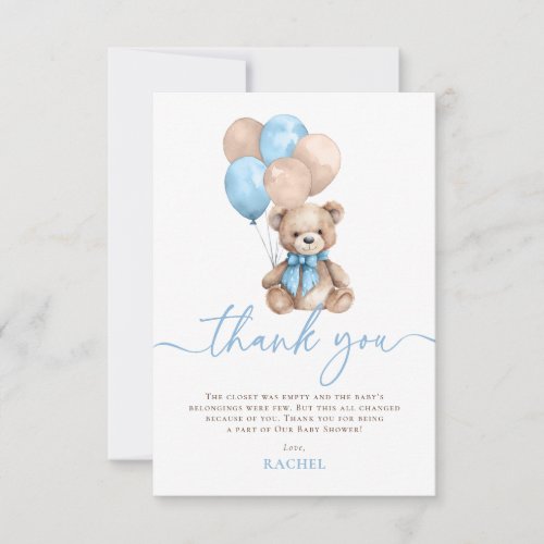 Teddy Bear Balloons Blue Boy Baby Shower Thank You Card