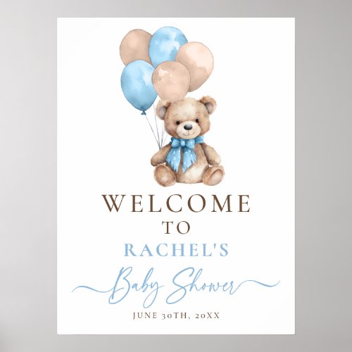 Teddy Bear Balloons Blue Boy Baby Shower Welcome Poster