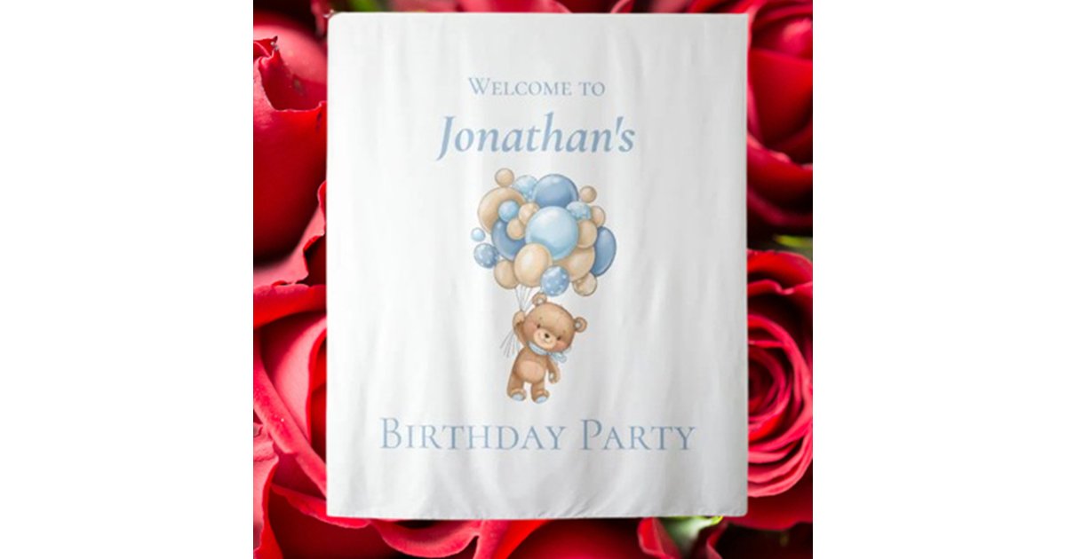 Teddy Bear Balloons Blue Boy Birthday backdrop | Zazzle