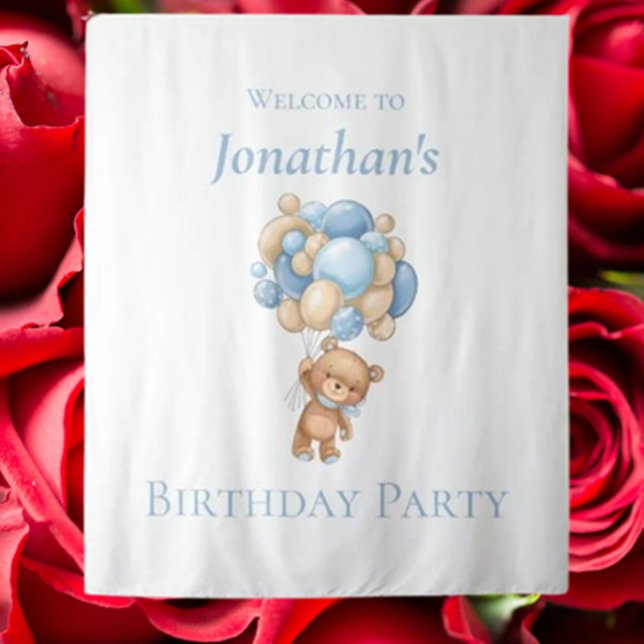 Teddy Bear  Balloons Blue Boy Birthday backdrop (Celebrate your boy’s birthday with a charming blue teddy bear balloons backdrop)