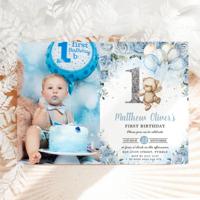 Teddy Bear Balloons Blue Floral 1st Birthday Photo Invitation | Zazzle