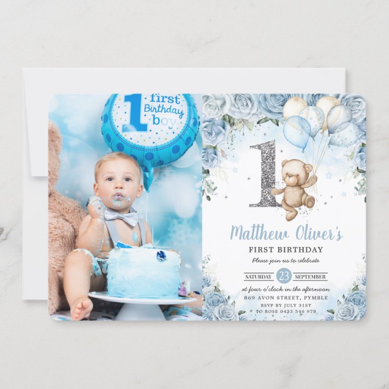 Teddy Bear Balloons Blue Floral 1st Birthday Photo Invitation