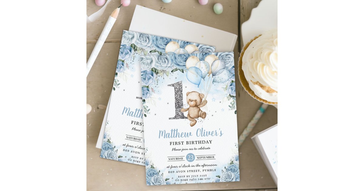 Teddy Bear Balloons Blue Floral First 1st Birthday Invitation | Zazzle