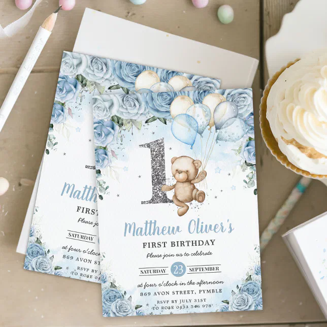Teddy Bear Balloons Blue Floral First 1st Birthday Invitation | Zazzle