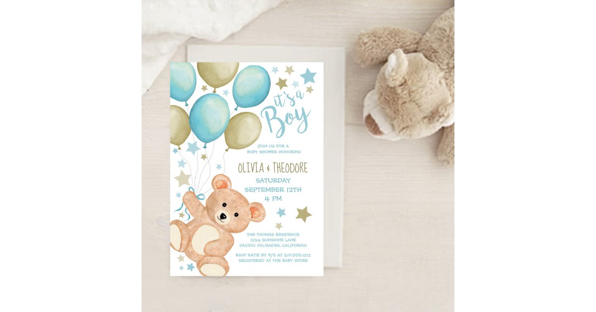 Teddy Bear Balloons Blue Gold Boy Baby Shower Invitation | Zazzle