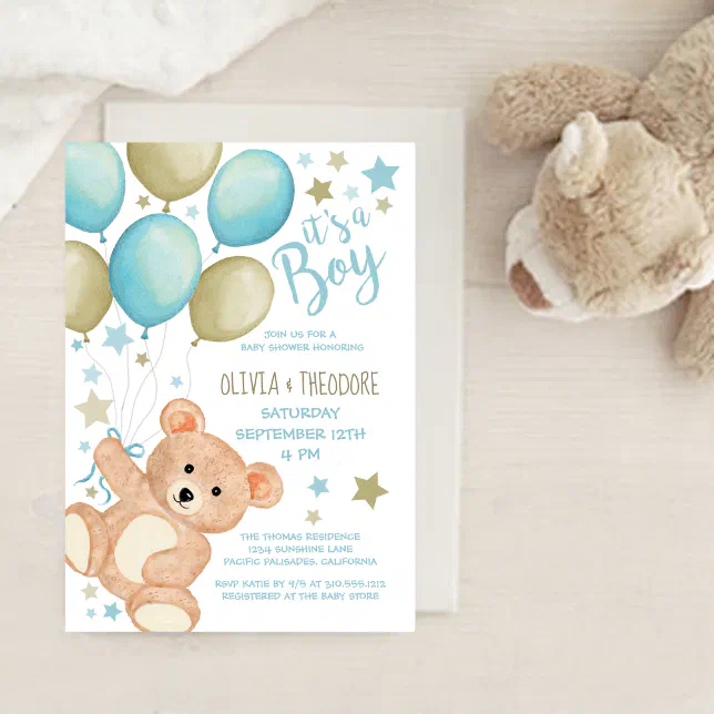 Teddy Bear Balloons Blue Gold Boy Baby Shower Invitation | Zazzle