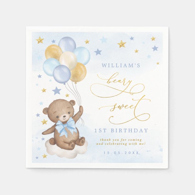 Teddy Bear Balloons Blue Gold Stars Birthday Party Napkins (Front)