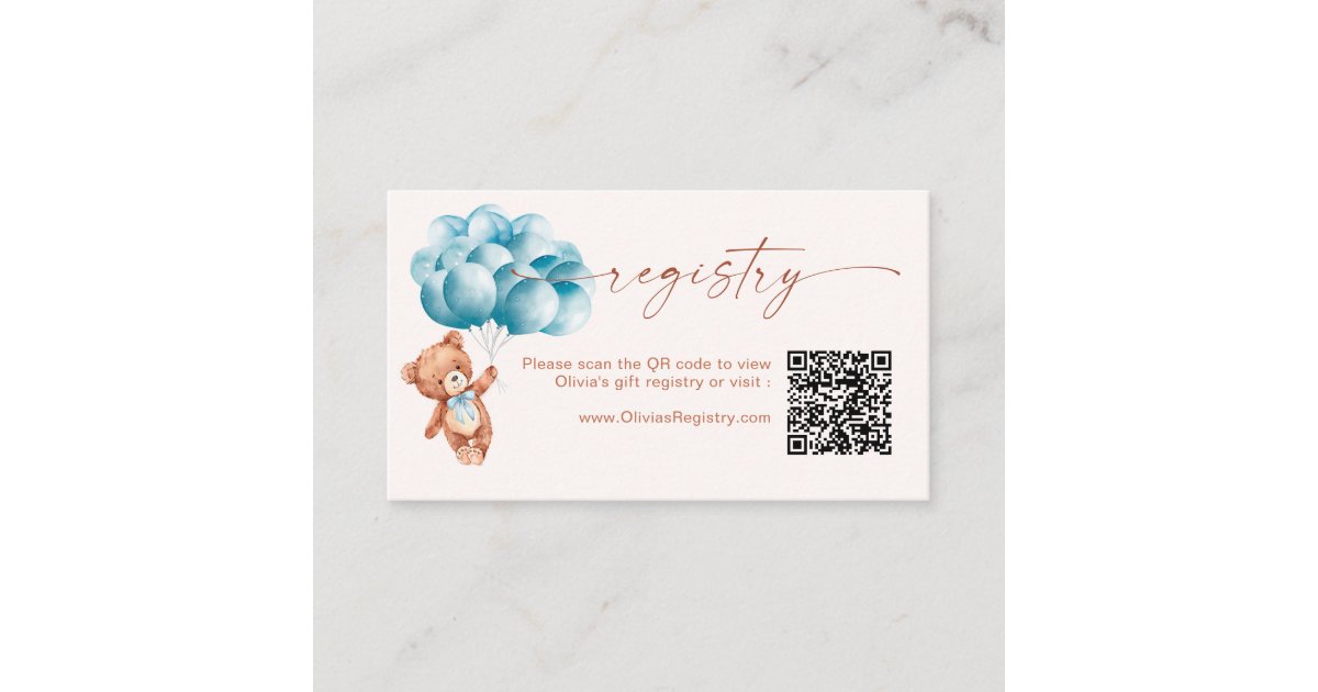 Teddy Bear Balloons Blue QR Code Registry Enclosure Card | Zazzle