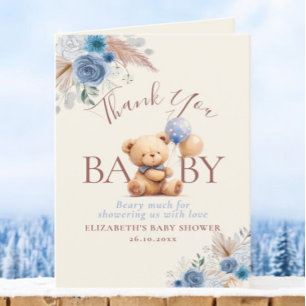 Teddy Bear Balloons Boho Blue Rose Floral Thank You Card
