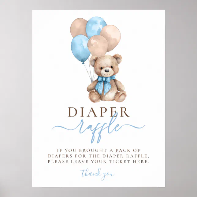 Teddy Bear Balloons Boy Baby Shower Diaper Raffle Poster Zazzle
